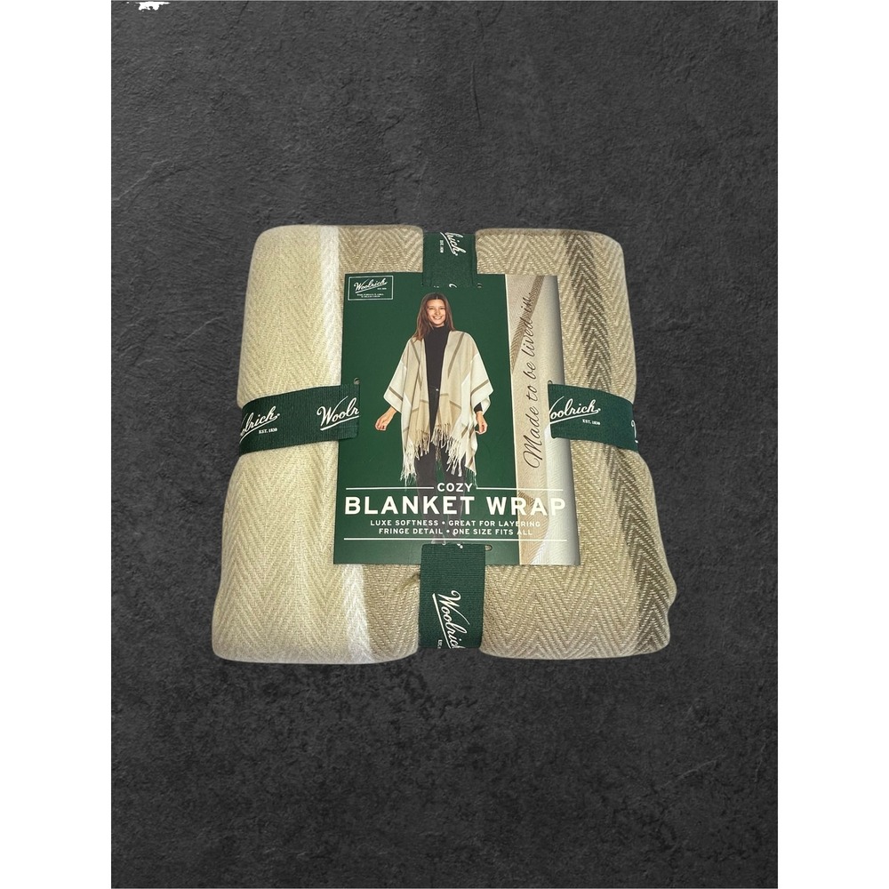 New Woolrich Blanket Wrap Womens OS Tan Miranda Plaid Fringe Poncho Shawl